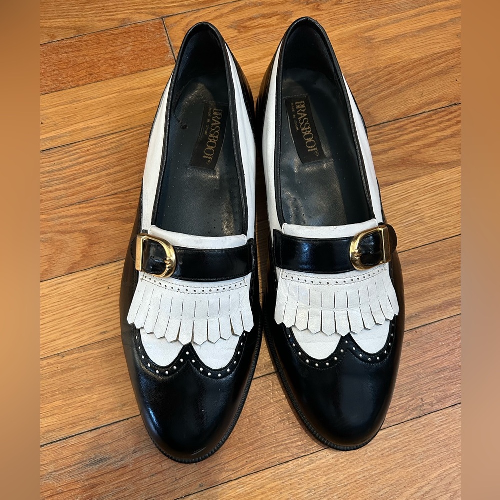 BRASSBOOT Vintage Men's Buckle Kiltie Leather Slip on Black Loafer, Size 10